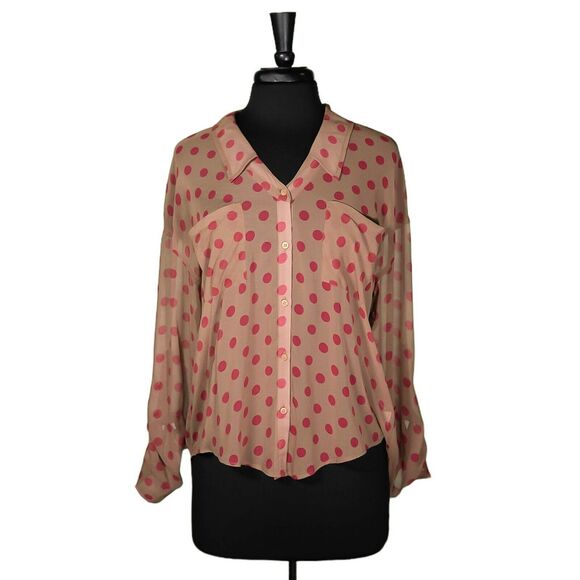 Free People Women's Shirt Button Up Beige Red Polka Dot Oversized Blouse Top S - Picture 1 of 9